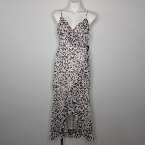 NWT Express white blue grey v neck spaghetti strap ruffle summer sun dress S - Picture 1 of 10